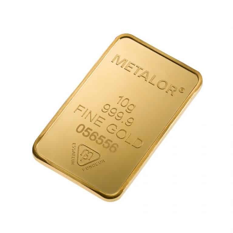 Metalor 10 Grams Gold Bar — angled view