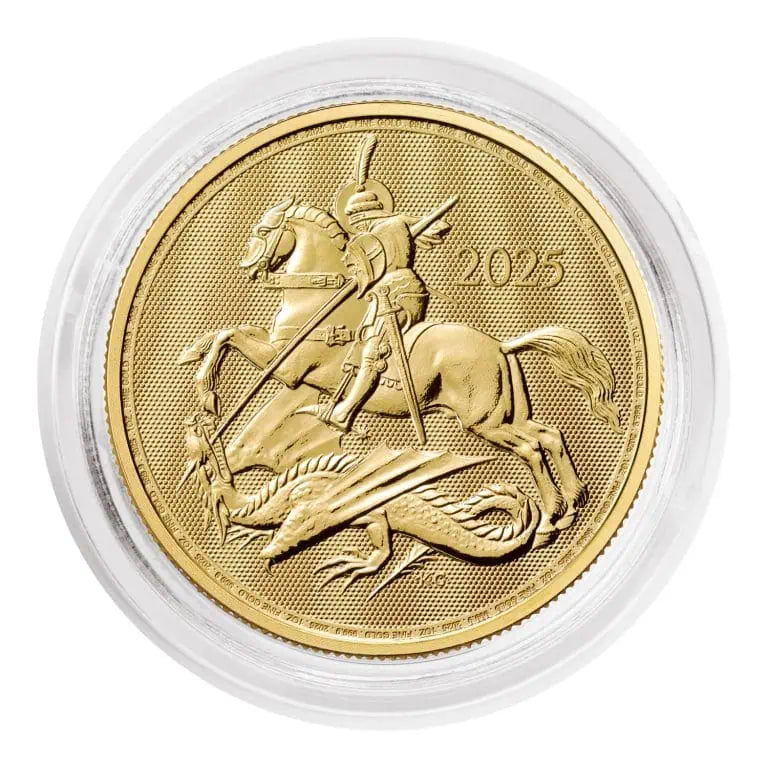 2025 St George & the Dragon 1oz Gold Coin — reverse, in capsule